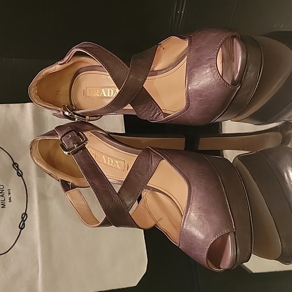 PRADA taupe grey Platform sandlas sz 37  4.5 in heels and silver buckles